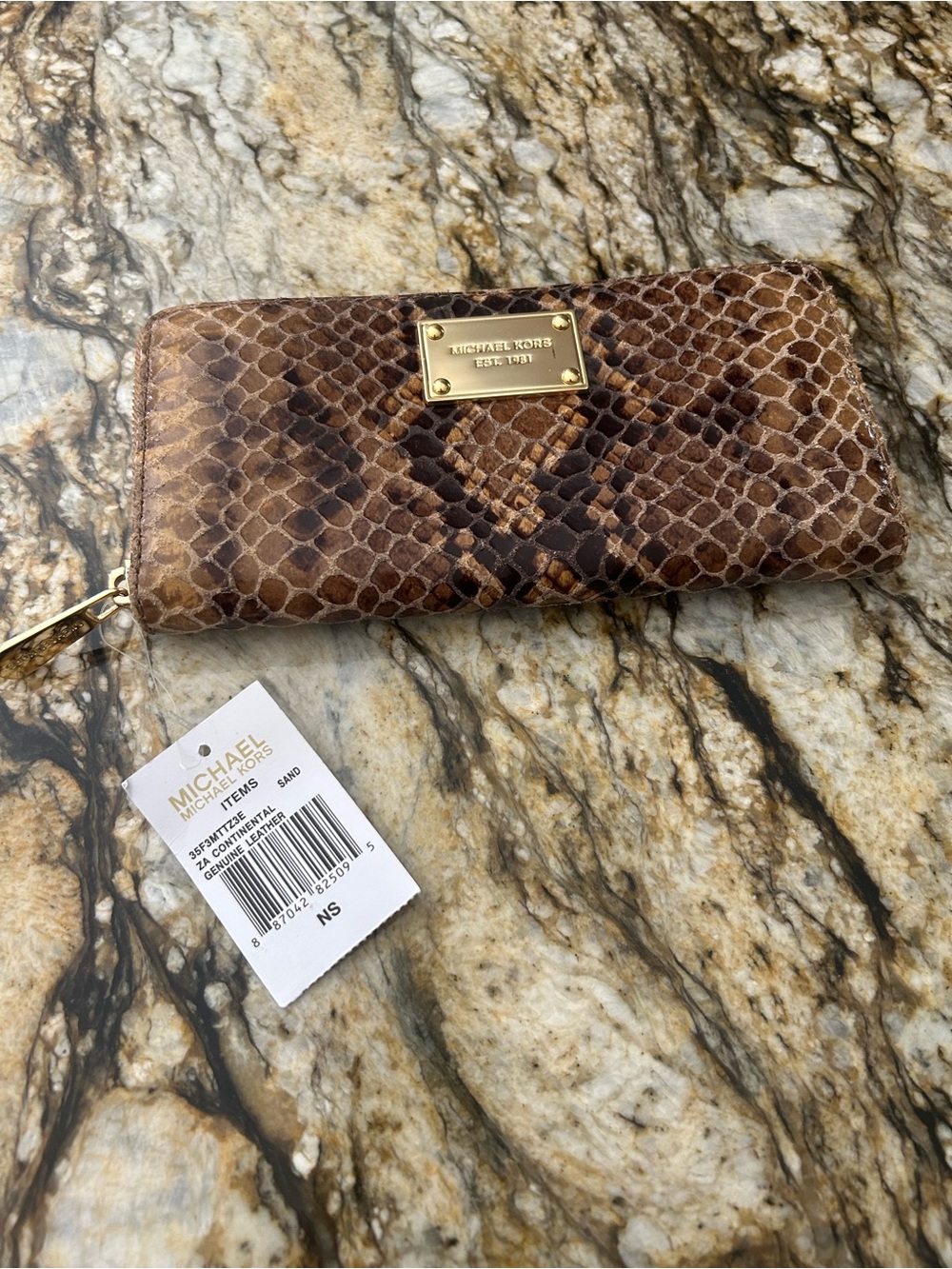 Michael Kors Brown Snake-Print Zip Around Wallet with Gold Plaque